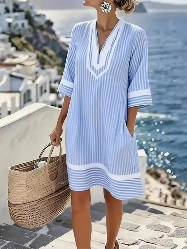 V-Neck Bohemian Print Loose Beach Dress Short Sleeve Sun Cover-Up