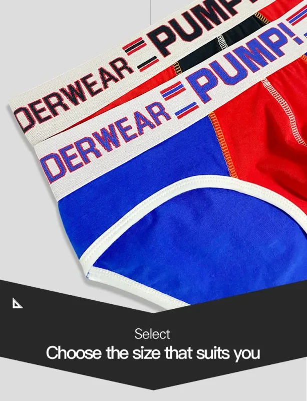 Celana Dalam Katun Warna Blok Pria, Pump! Logo Celana Dalam Kantong Cembung 3D Seksi Bertingkat Rendah Ikat Pinggang Lebar 3256813080433415