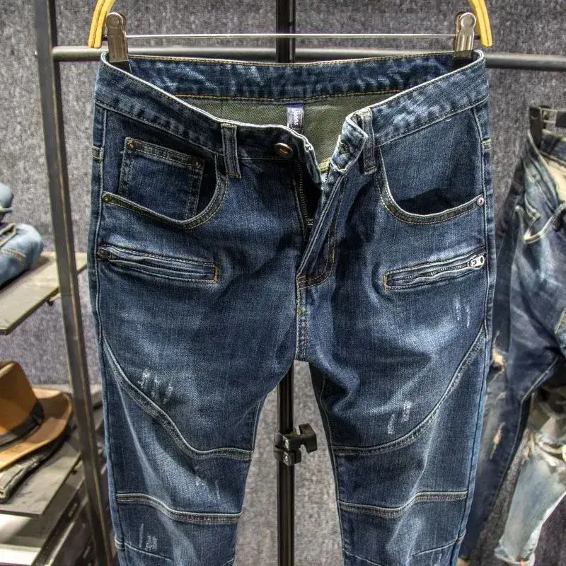 Autumn and Spring Fashion American Vintage Motorcycle Straight Leg Elastic Denim Pants for Men Casual Sports High Quality Jeans
