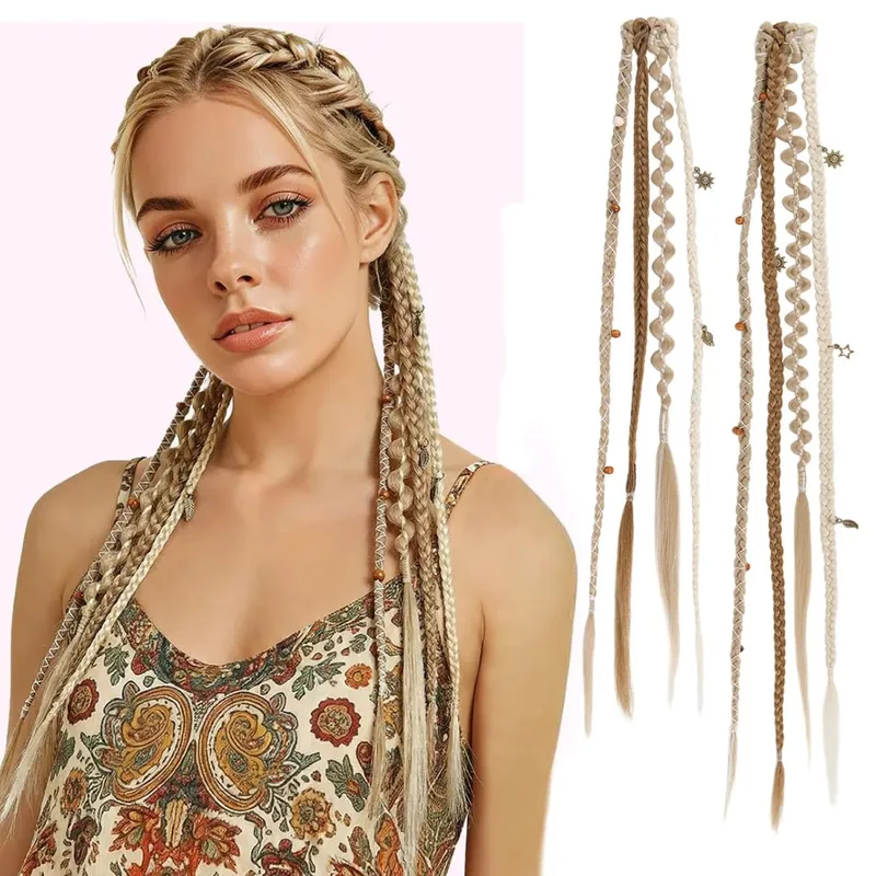 Clip in Braided Hair Extensions for Women Boho Dreadlock Clip in Braids with Beads 2pcs Handmade Synthetic Braided Hairpieces