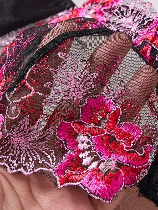 Women Black Floral Embroidery Lace Lingerie Set Push‑Up Bra & Thong Mesh Satin Intimate Underwear Daily Nightwear ZA825146