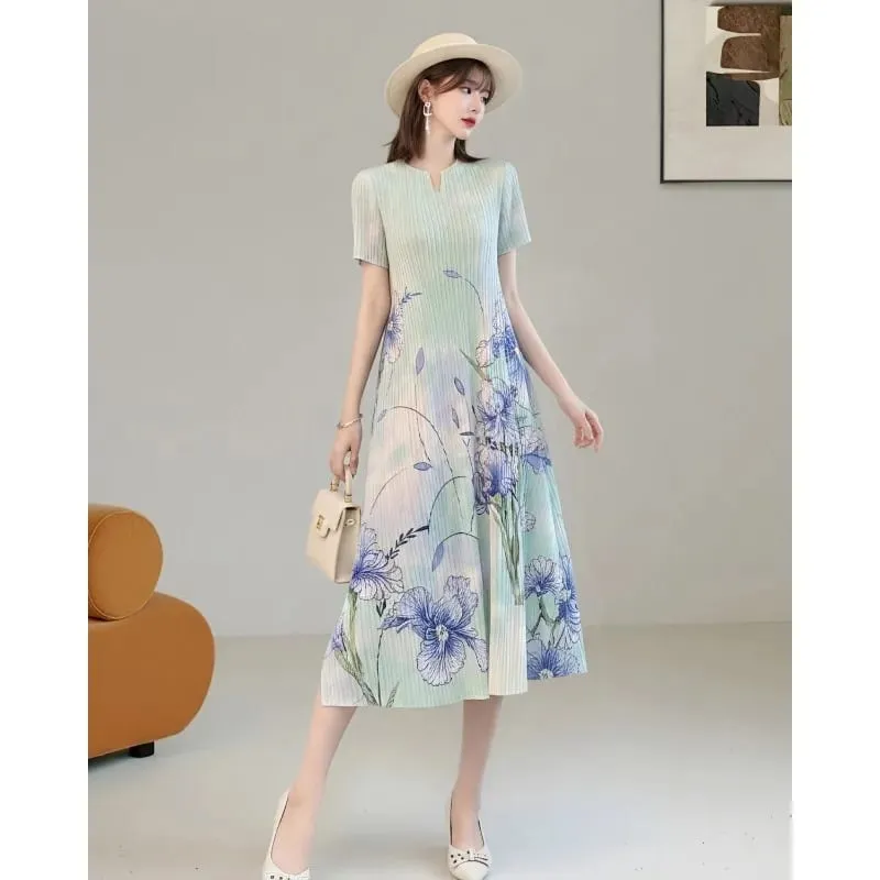 Miyake Ink Print Short Sleeve Dresses 2026 Summer New Short Sleeve Elegant Artistic Fashion Draped Elastic Women's Pleated Dress