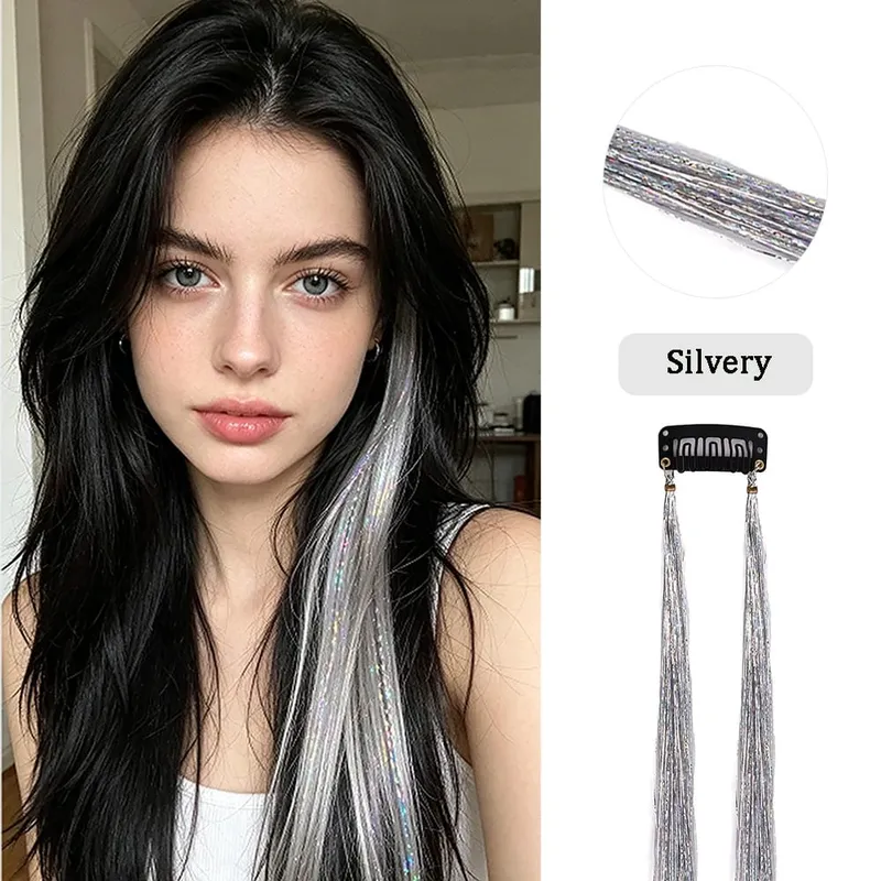 Multi-color Laser Wire Hair Extensions Shiny Tinsel Clip-in Hair Pieces Glitter Colored Hair Strands for Daily & Party Hairstyle