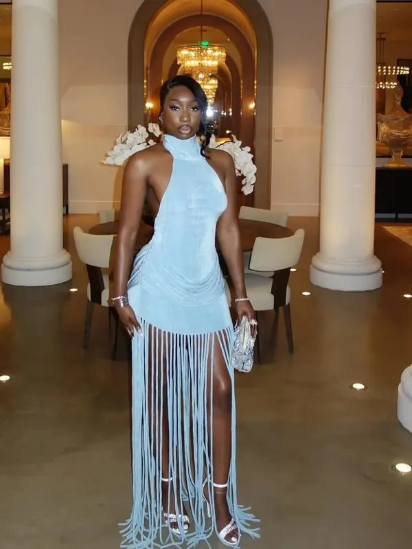 Solid Velvet Halter Tassel Dress Women Off-shoulder Backless Waist Cinching Slim Sexy Dresses 2026 Spring Evening Party Vestido