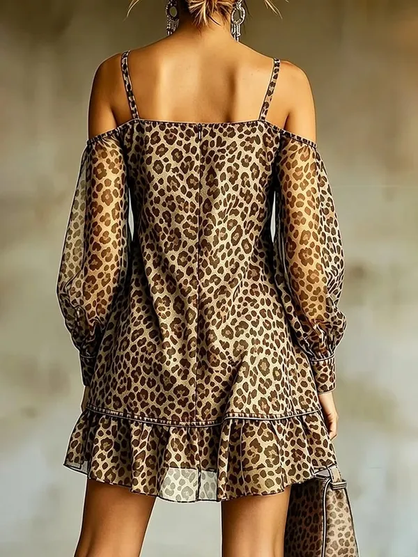 Leopard Print Off Shoulder Mini Dress Women Elegant Suspender Dress Fashion Lantern Sleeve Pocket Straight Chic Party Dress