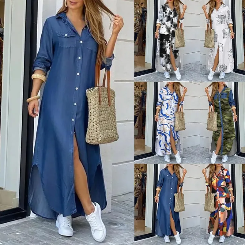 Robe longue en Denim pour femmes, manches longues, chemise, avec poches, boutons, imprimée, décontractée, ample, nouvelle collection automne 2023