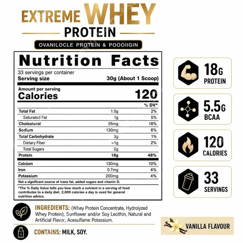 Vanilla Whey Protein Powder 2.2lb 18g Protein 33 Servings Fitness Nutrition Daily Protein Support for Adults