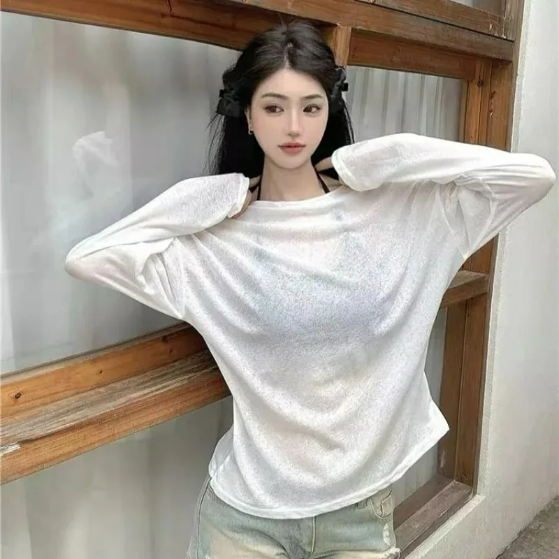 Sheer Baggy T-shirt Streetwear Off Shoulder Top Summer Sunscreen Pullover Shirt Women Loose Sheer T-shirt Long Sleeve Lazy Shirt
