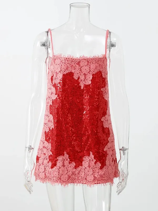 Sexy Sequin Lace Trim Mini Dress Women Fashion V-neck Sleeveless High Waist Female Sling Dresses 2026 Summer Lady Vacation Robes