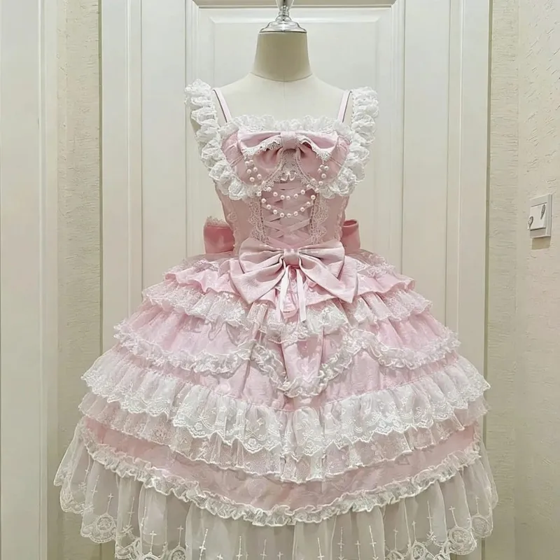 Y2K Sweet Lolita Jks Strap Dress Women Solid Ruffle Lace Bow Patchwork Kawaii Princess Ball Gown Knee-Length Elegant Party