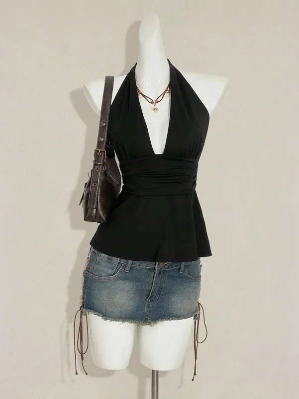 Halter Neck Tie Back Peplum Top Deep V Neck Ruched Waist Sleeveless Open Back Streetwear Party Clubwear For Women