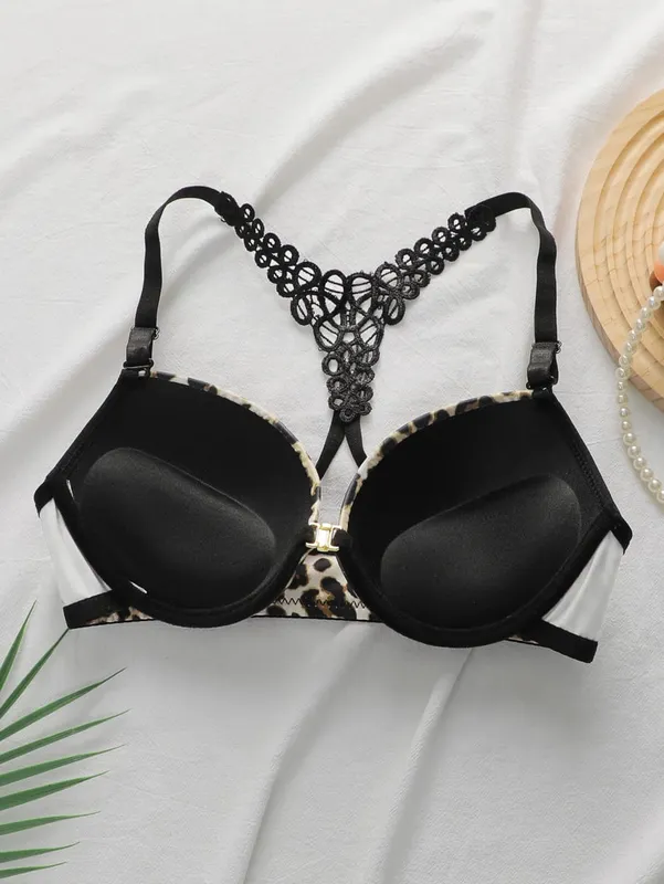 Leopard Print Front Closure Bra Set with Underwire Push Up Lingerie Set for Women Sexy Lace Bralette and Panty Two Piece Outfit