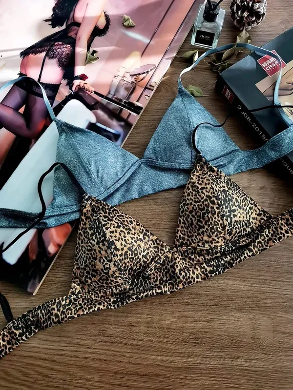 Bộ áo ngực cúp ngực tam giác Gợi cảm họa tiết da báo siêu mỏng Wirefree Bralette & Quần lót dành cho ngực nhỏ