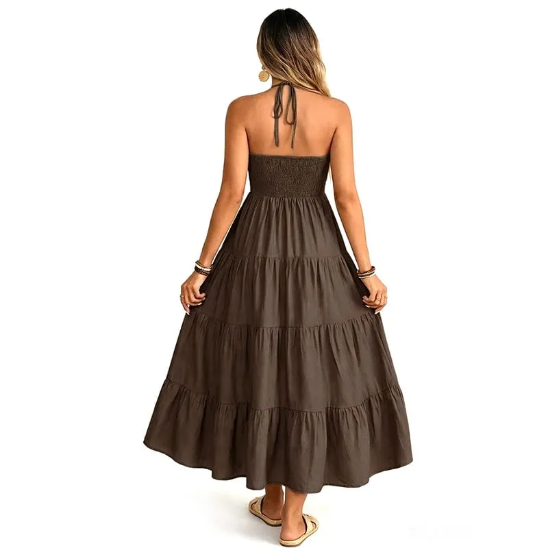 Women Summer Halter Long Maxi Dress Sleeveless V‑Neck Tiered Ruffle Sundress Casual Loose Flowy Beach Vacation Long Dresses