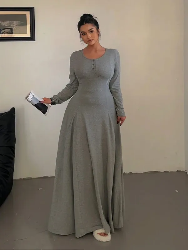 Nagyméretű egyszínű kötött elegáns A-vonalú Flowy maxi ruha | Női hosszú ruha | Alkalmi és ingázó stílus — image 5