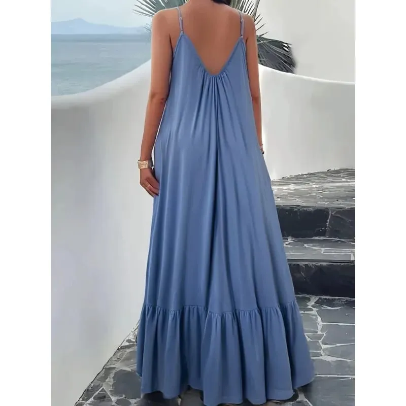 Summer Dresses 2026 New Solid Color Spaghetti Strap Maxi Dress Women V Neck For Beach Party Resort Daily Matching Outfit