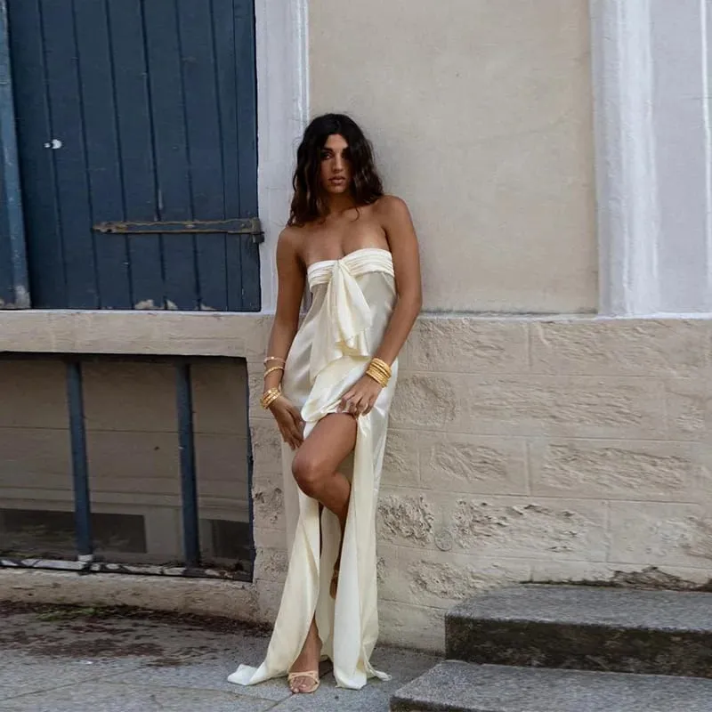 Satin Silky Strapless Dress for Women Sweet Girlish Sleeveless Backless Loose Dresses 2026 NEW Spring Lady Vacation Vestidos