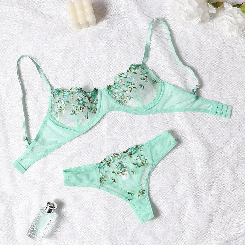 Purple Fancy Lingerie Set Women Embroidered Flower Bra and Panty Underwear Female Outfits