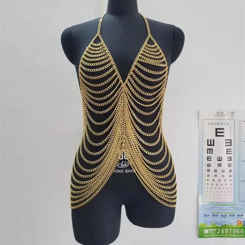 Feminino chainmail halter mini vestido sem costas metal corpo corrente praia clubwear sexy festival festa roupa multi-camadas vestidos