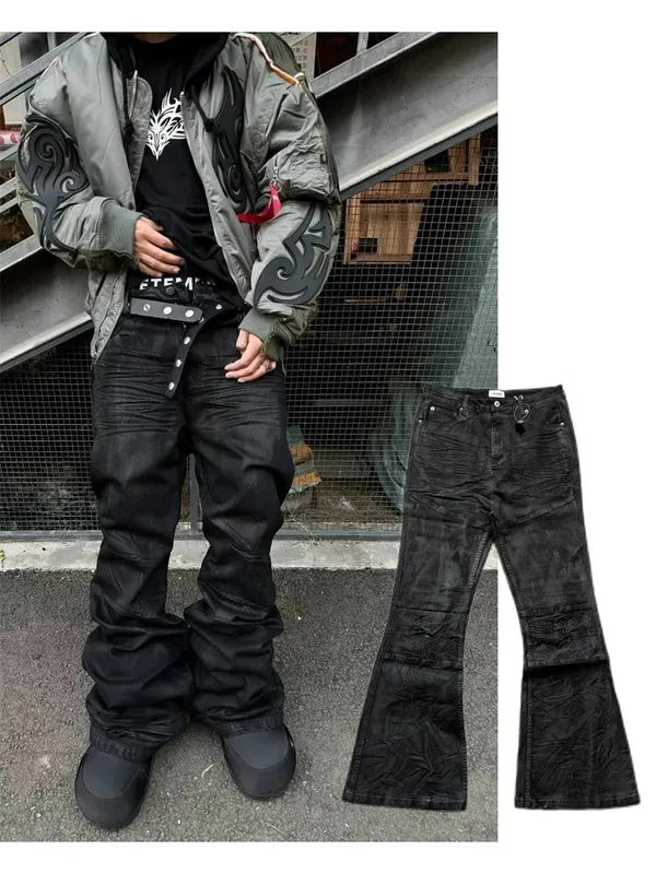 High street coated micro-flare jeans American retro heavy industry men and women black gothic retro casual loose jeans