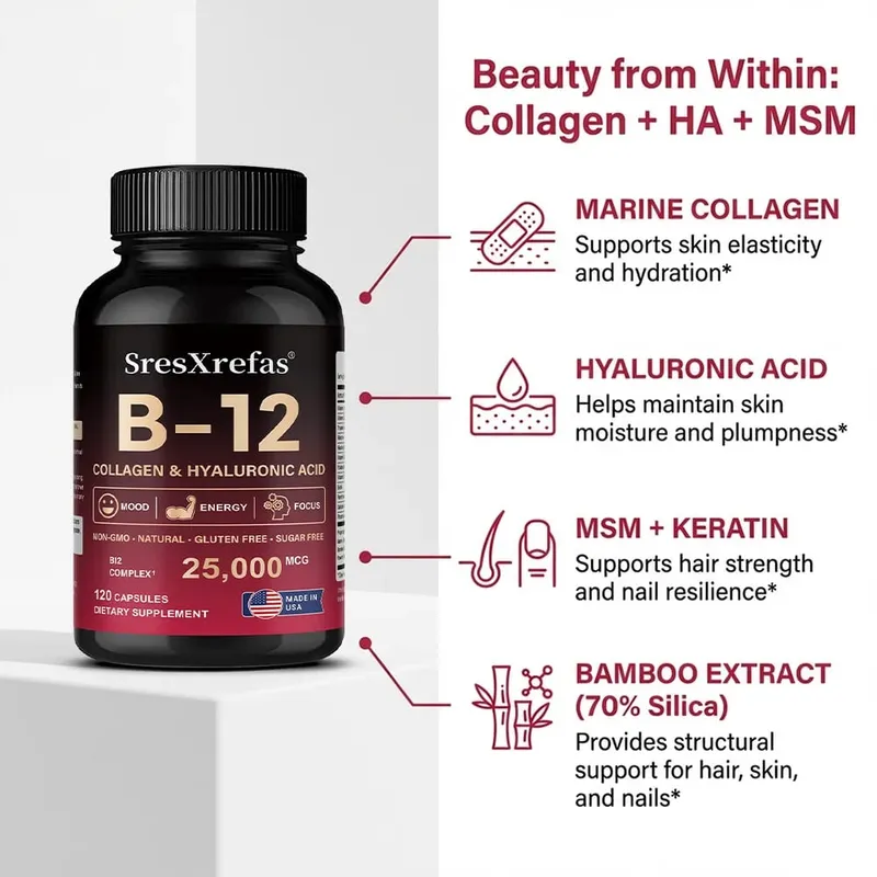 Vitamin B12 with Collagen Hyaluronic Acid - Supports Energy Focus Mood Nervous System & Immune Health Relieves Fatigue