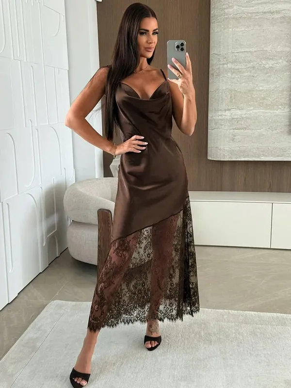 Trendix Hollow Out Lace Dress Women 2025 Winter Sexy V Neck Sleeveless Spaghetti Strap Dresses Party Club Elegant Evening Dress