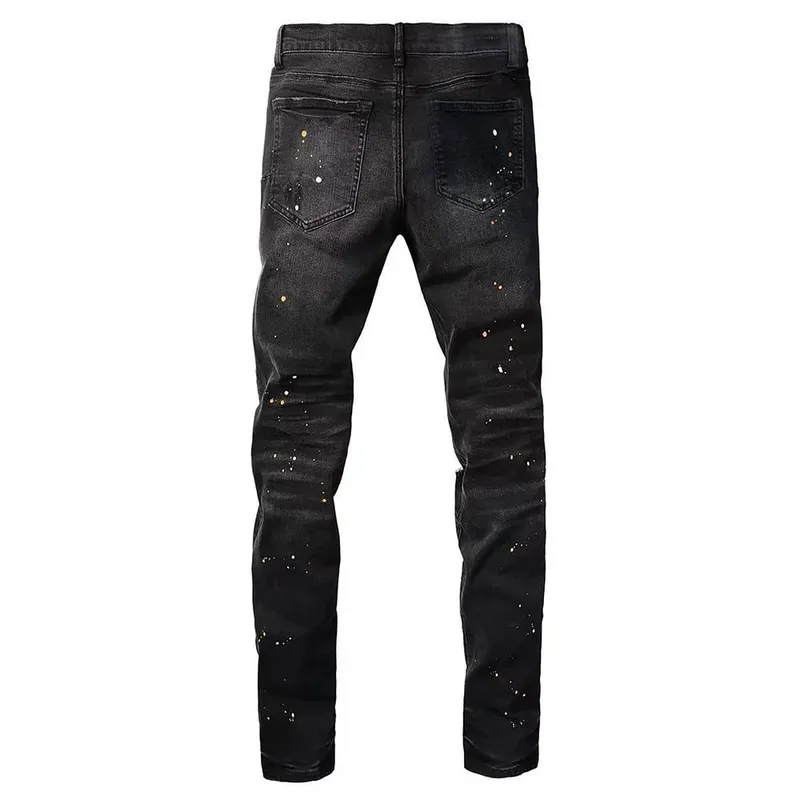 Men Holes Ripped Denim Jeans Streetwear Slim Tapered Stretch Pants Painted Black Trousers