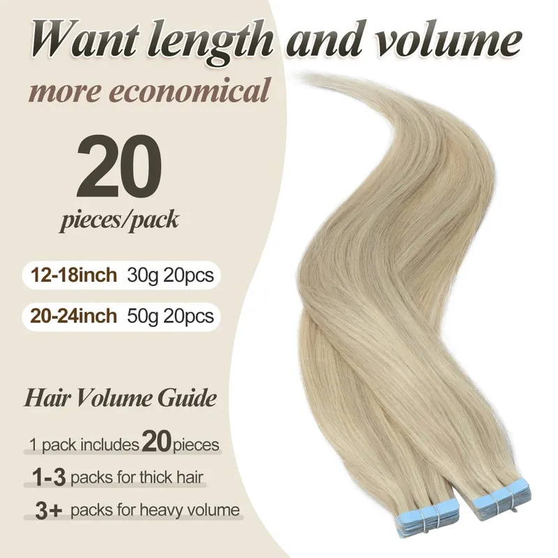 Tape in Hair Extensions Human Hair Blonde Seamless Tape Hair Extensions 4x0.8cm Skin Weft PU Tape On Hair 20PCS 12"-20"