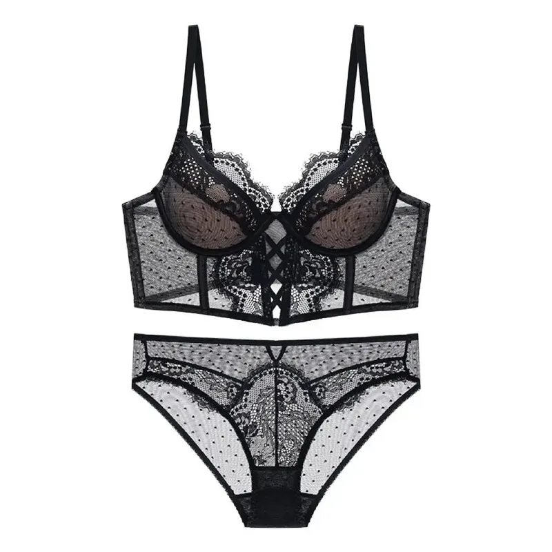 Women‘s French Lace Lingerie Set Push Up Bra Thin & Soft Steel Ring for Support Gathered Design Demi Cup Chemise for Small Bust