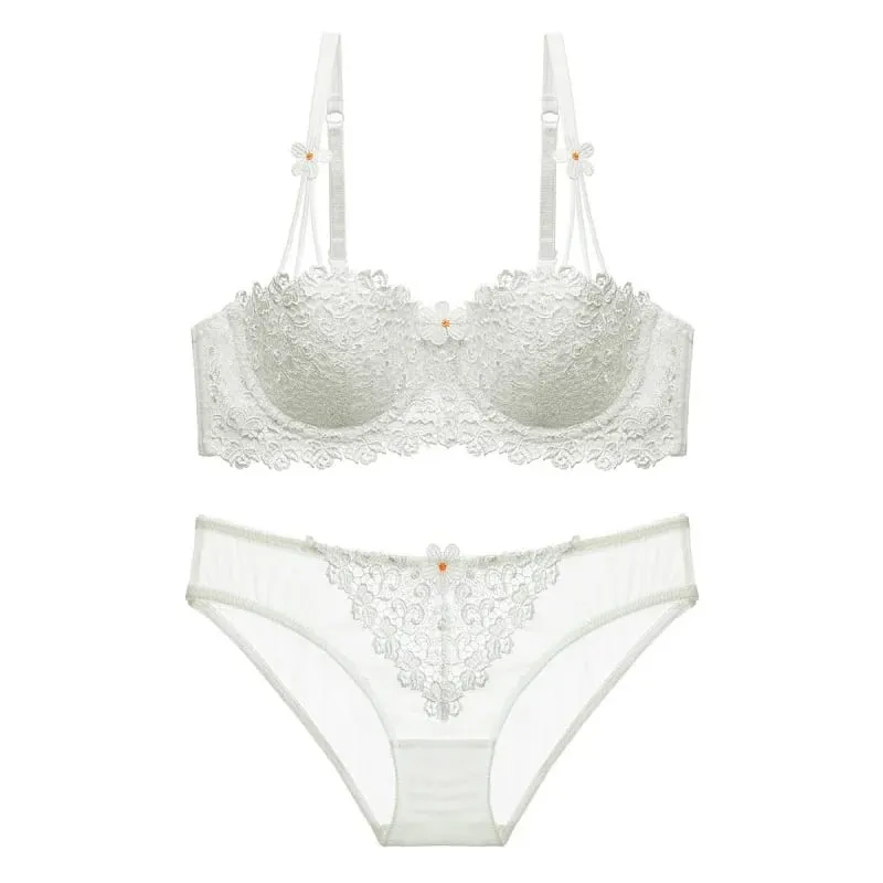 1605European and American Thin1/2Half Cup Bra Lace Sexy Embroidery Lingerie Bra Suit