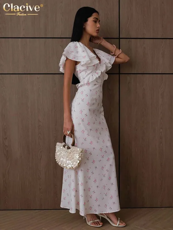 Clacive Abito da donna con stampa allentata sexy 2026 Abito estivo con scollo a V a maniche corte alla caviglia Abiti eleganti classici con volant Abito femminile