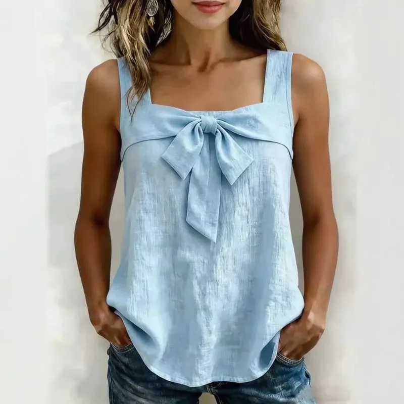 Women Square Neck Sleeveless Tank Tops Front Bow Decor Solid Color Casual Summer Ladies Camisole