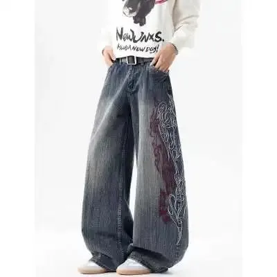 Men's Loose Straight Leg Jeans Pattern Embroidered Baggy Jeans Y2K Gothic Harajuku Hip Hop Straight High Waist Wide Leg Pants