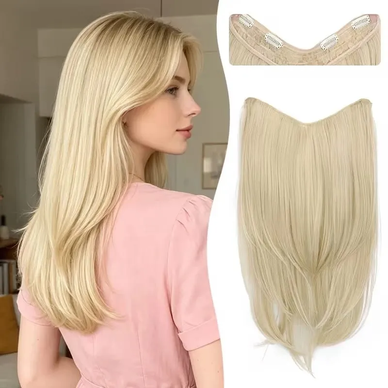 22Inch Synthetic V-Shaped Long Layered Straight Hair Extensions Invisible Increase Volume Fashion Lazy Hairstyle for Women
