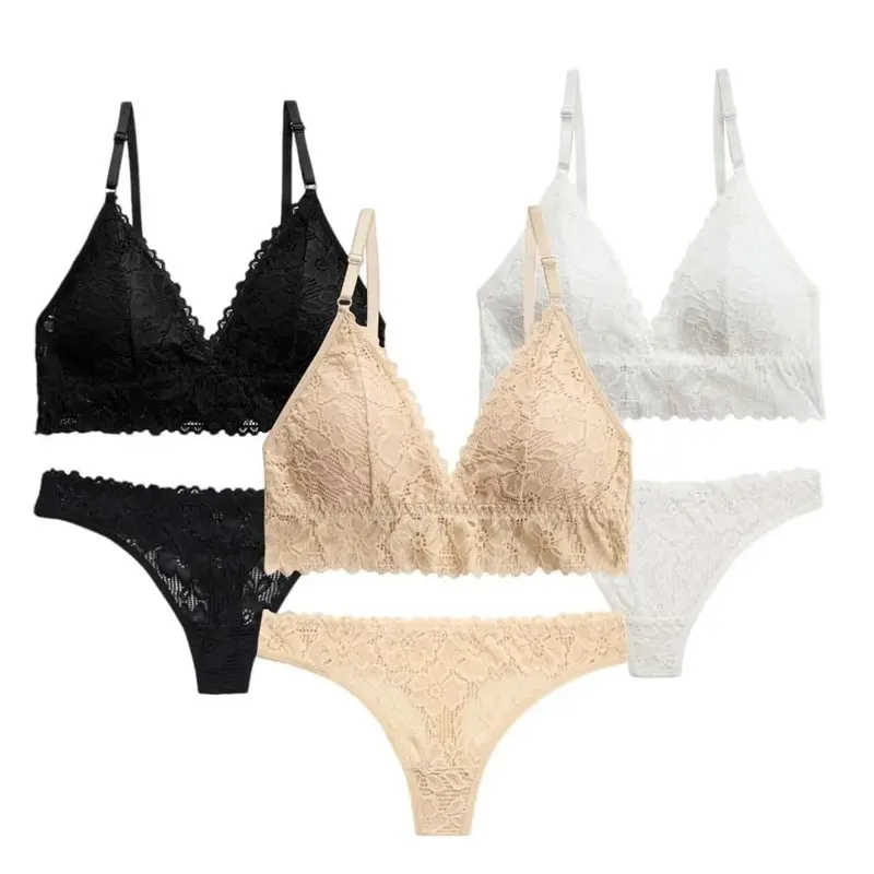Fashion V Neck Lace Flower Bra Set Thong Solid Color Floral Panties Bra Kit Lingerie T-Back Lace Underwear Valentine's Day Gift