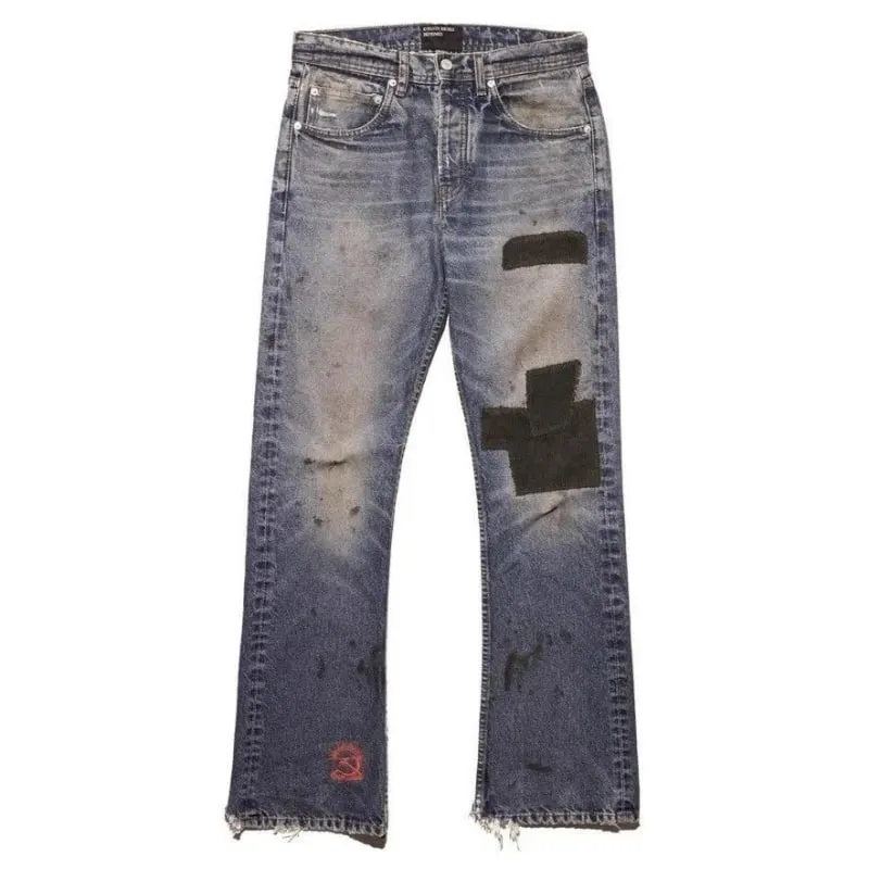 Mens Flared Jeans Harajuku Vintage Washed Denim Pants Distressed Patchwork Corduroy Slim Fit Casual Streetwear Unisex New Spring