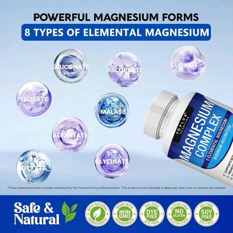Magnesium Complex 1000mg 8 Elemental Magnesium Supplement with Glycinate Citrate Oxide Aspartate Orotate Malate Taurate High Abs