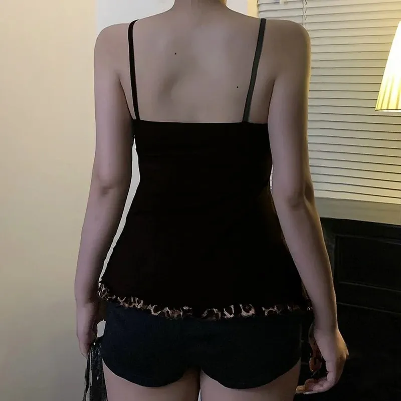 American Vintage Sexy Leopard Vest Y2k Harajuku Slim Lace Patchwork Summer New Streetwear Beach Party Sleeveless Women's Tanks