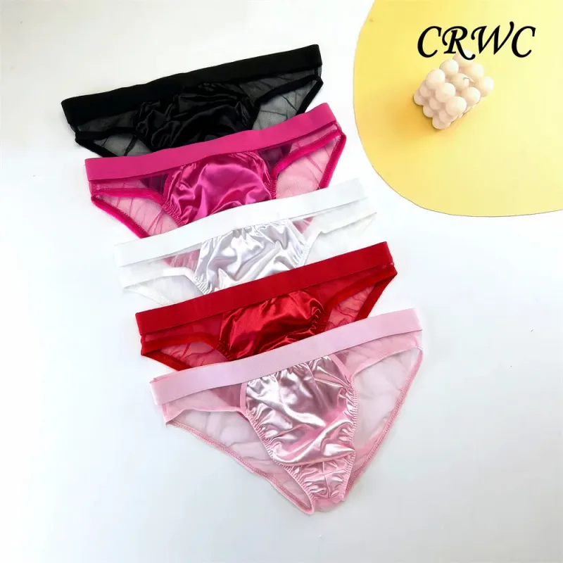 Sexy Glossy Satin Silk Man's Underwear Briefs Transparent Mesh Male Panties Breathable Quick Dry Underpants