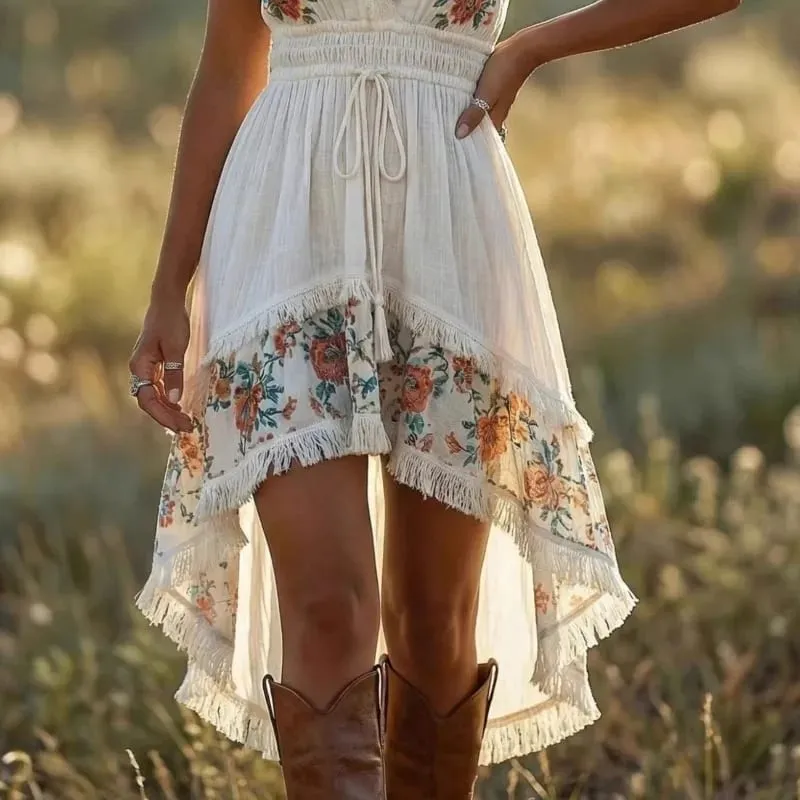 2026 New Retro Western Cowgirl Floral Embroidered Mini Dress Women V‑Neck Sleeveless Fringe High Low Hem Vacation Beach Sundress