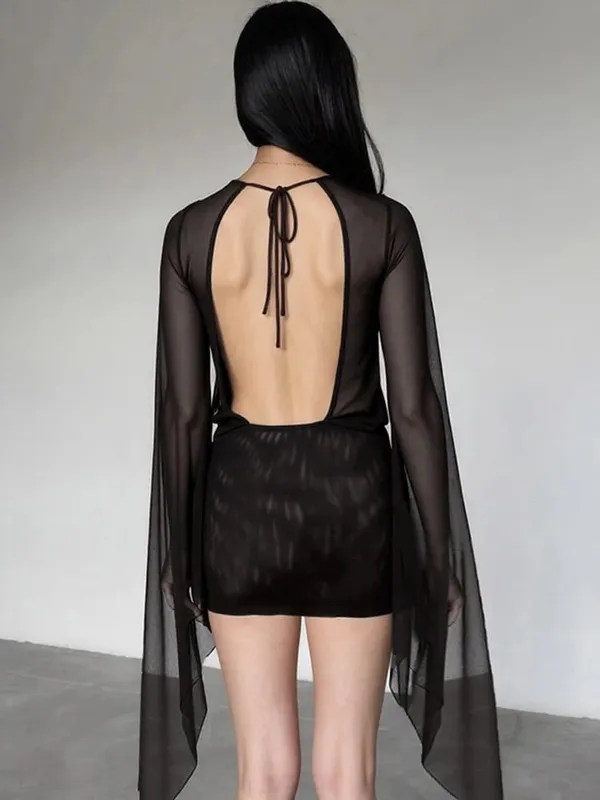 แปลก Puss ตาข่ายเซ็กซี่ฤดูร้อนชุดผู้หญิง Cross Bandage ต่ำคอ Backless Flare Sleeve Midnight Coquette Midnight Party Bodycon