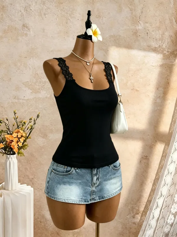 2 Pcs Women Lace Trim Spaghetti Strap Tank Top Ribbed Knit Square Neck Slim Fit Solid White Black Casual Cami Vest