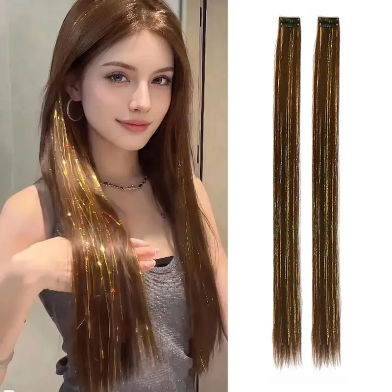 2PCS light brown with tinsel Hair Extensions 24inch Sparkling Hair Clips Multicolored Clip In On Hair Extension Synthetic Hair