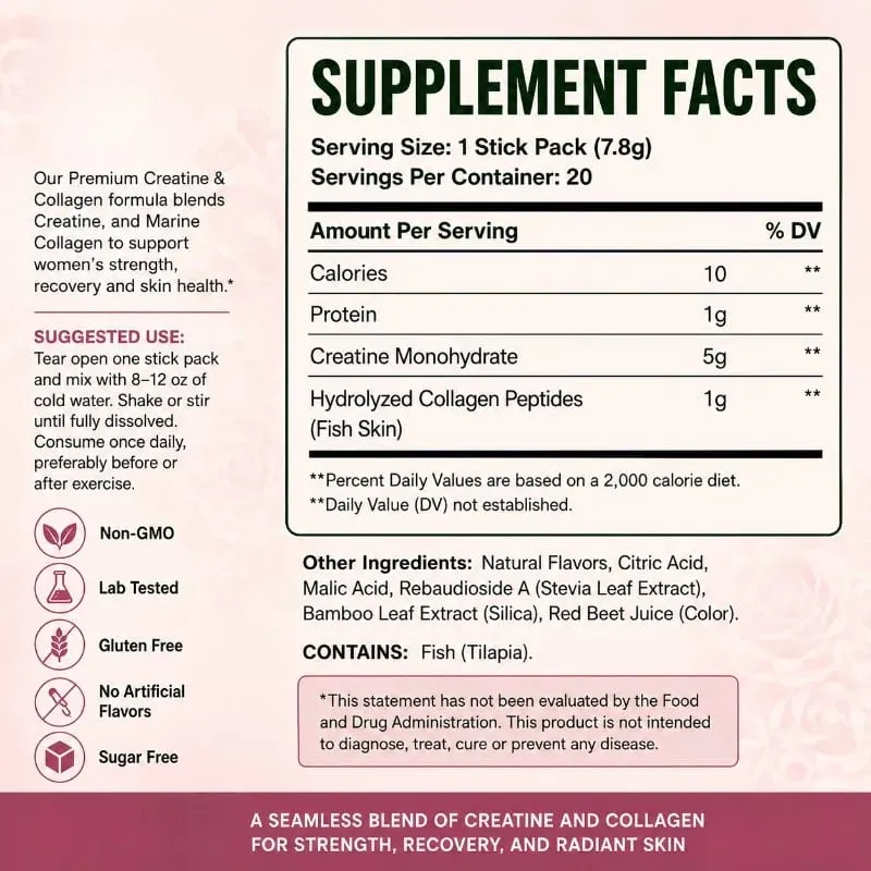 Creatine & Collagen Powder Stick Packs Supports Strength Recovery & Skin Health – Daily Nutrition Supplement 20Servings Per Bag