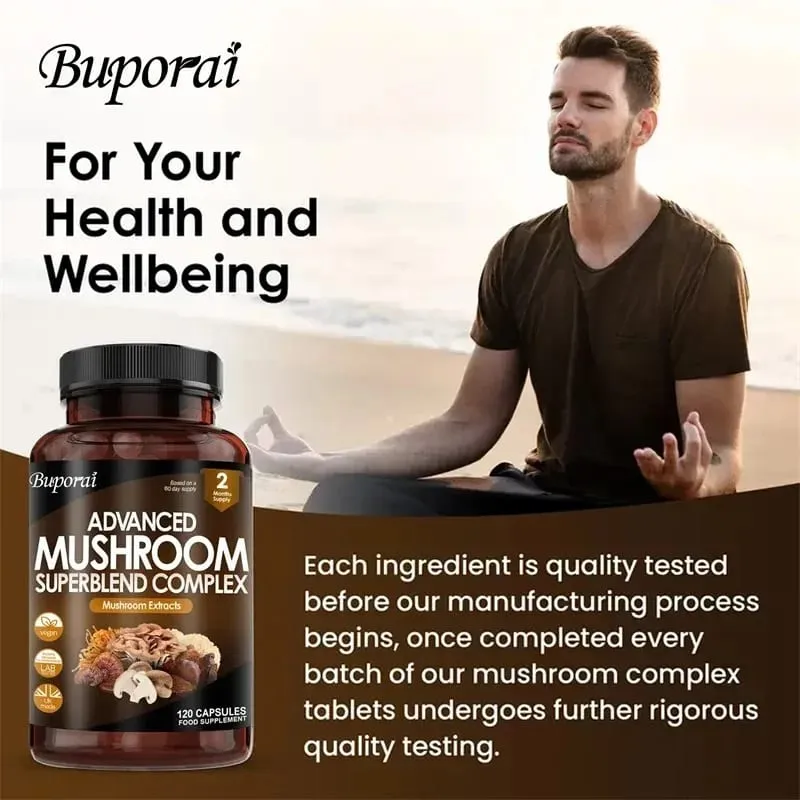 Mushroom Super Blend Complex - Brain Nervous System Health and Memory Supplements Immunity Sleep Energy Mood Support