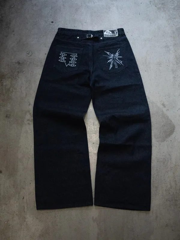 Y2K Anime Wide Leg Dark Denim Pants Angel Eye Symbol Embroidery Letter Print Adjustable Back Buckle Oversized Baggy Street Jeans