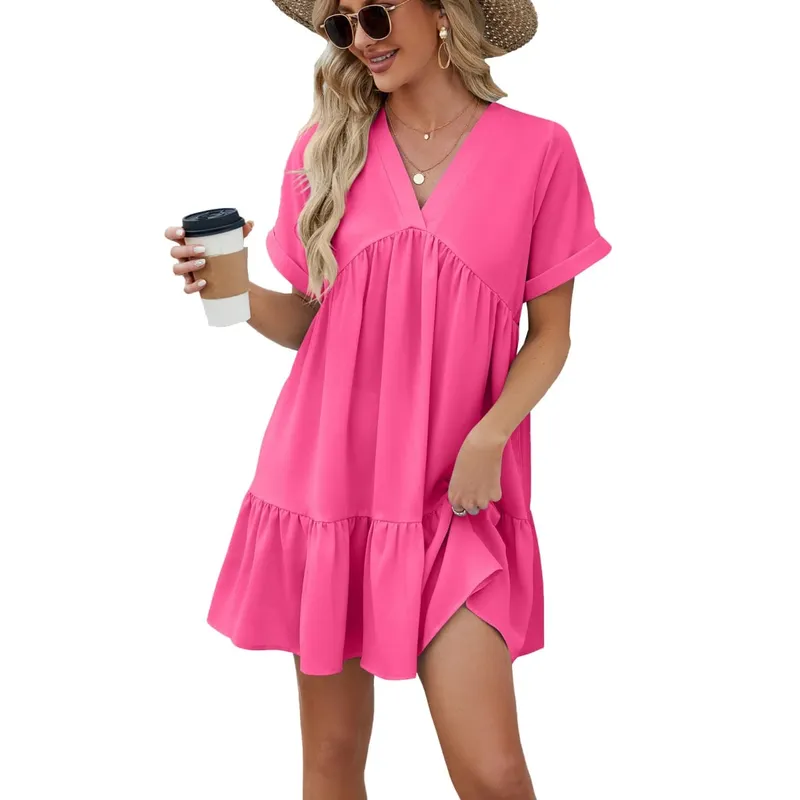 Summer White Dress V Neck Short Sleeve Loose Fit Dresses Pleated Midi A Line Pastel Pink Women's Casual Summer Woman Clothing