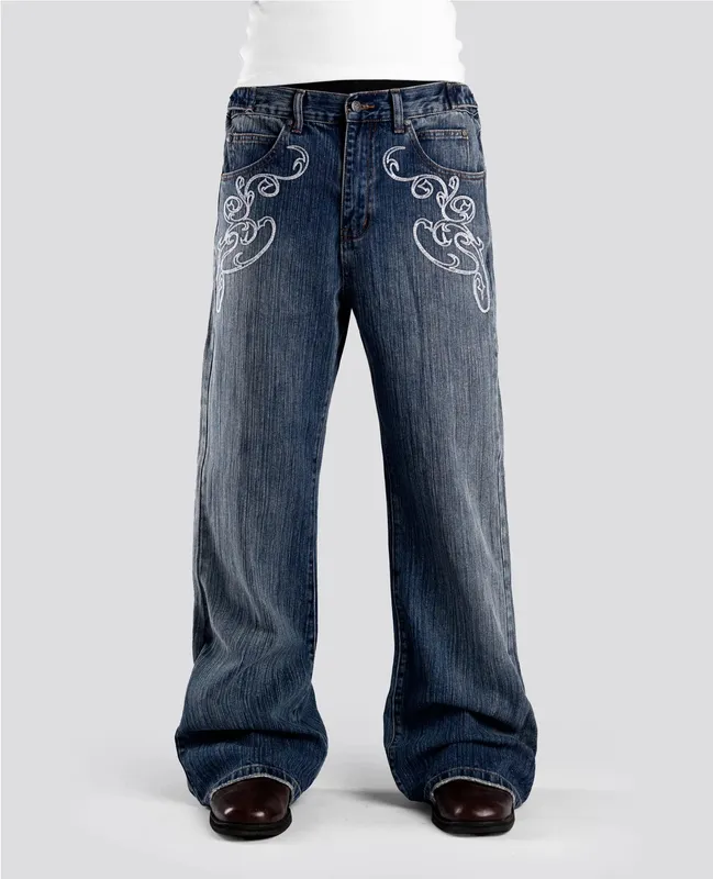Y2k Blue Opening Bootcut Jeans Vintage Washed Embroidery Men Women Pants Harajuku High Street Streetwear Unisex Casual Jeans