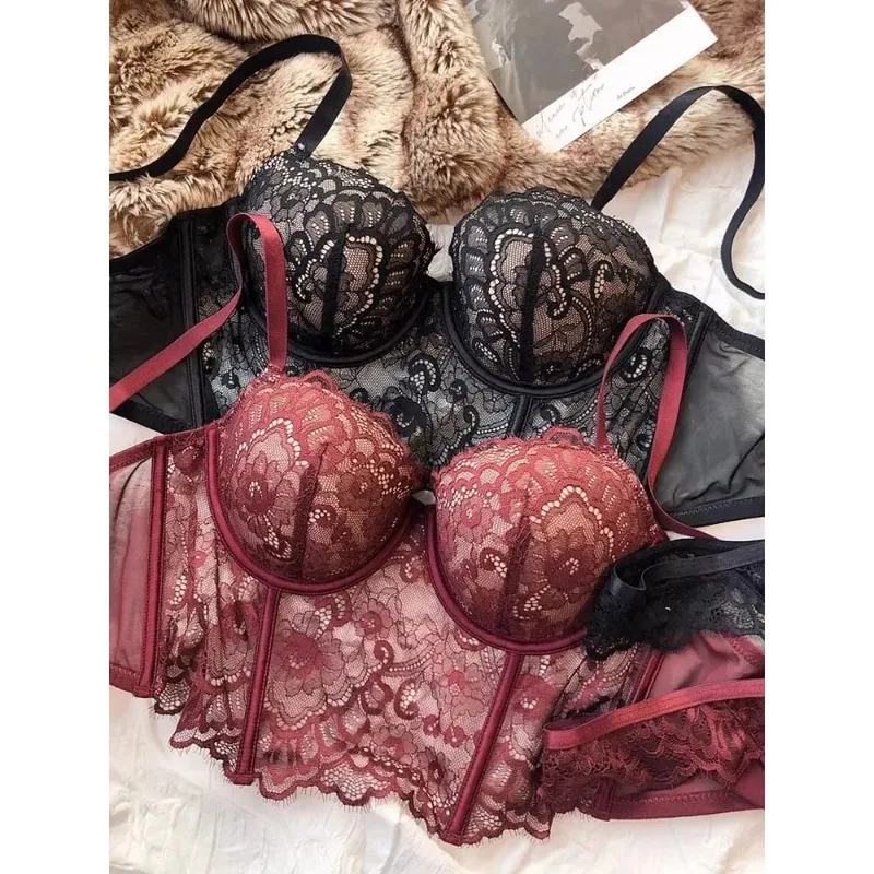 Sexy Women French Lace Fishbone Bra Soft Underwire 3/4 Cup Push Up Anti Sag Side Breast Shaper Comfort Daily Lingerie