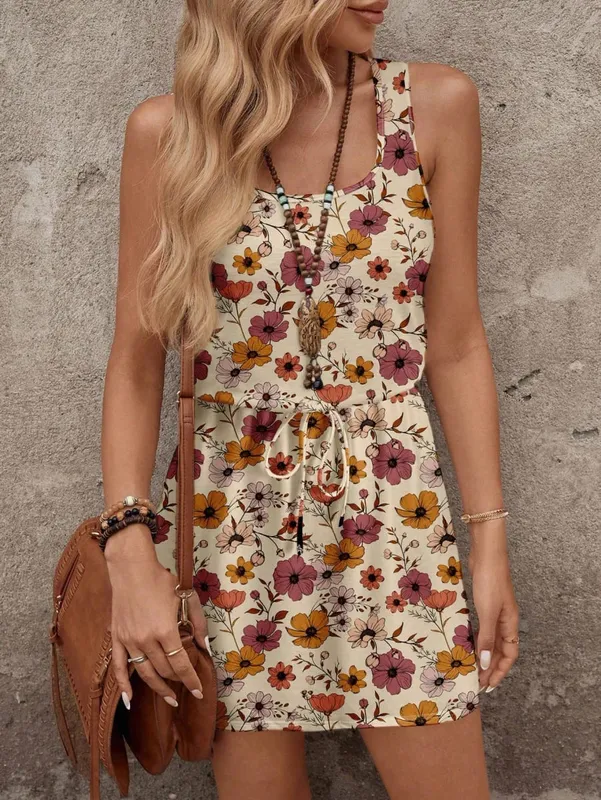 Women's Spring/Summer Sleeveless Floral Print Elastic Waist Drawstring Sleeveless Dress